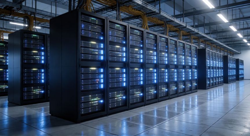 Centro de datos de Google con filas de servidores y luces LED azules