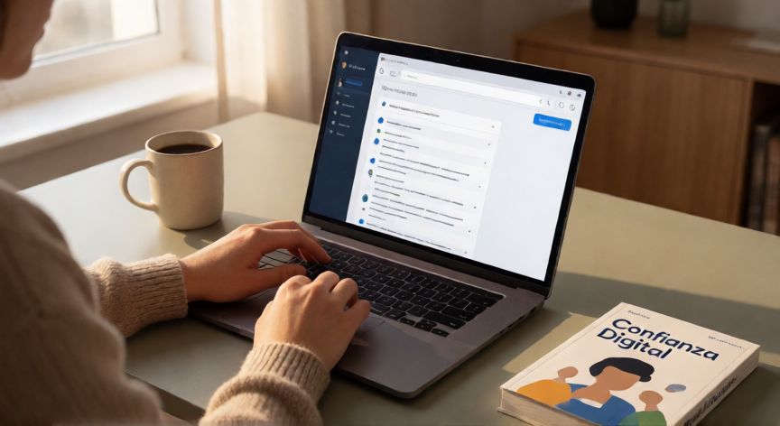 porque google es confiable, Persona buscando información en un portátil con resultados de buscador