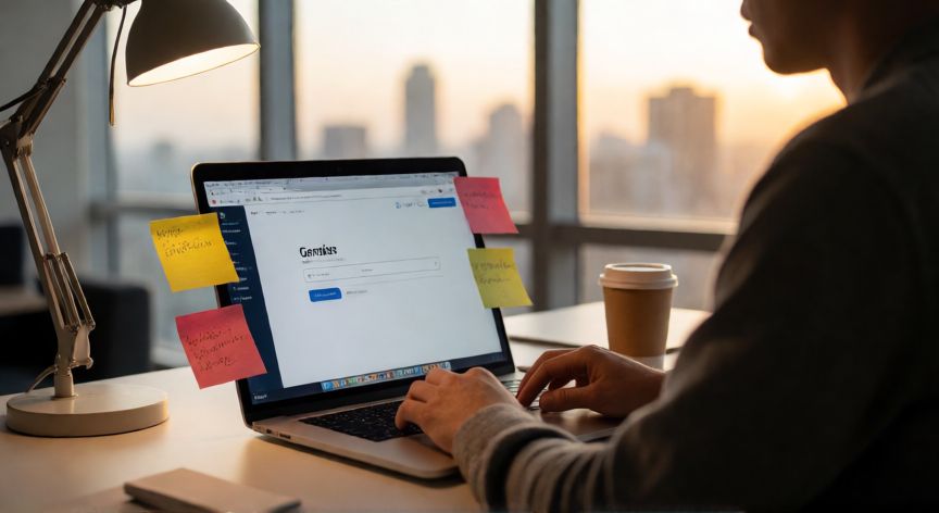 Persona usando un buscador web gratuito en su portátil en una oficina doméstica
