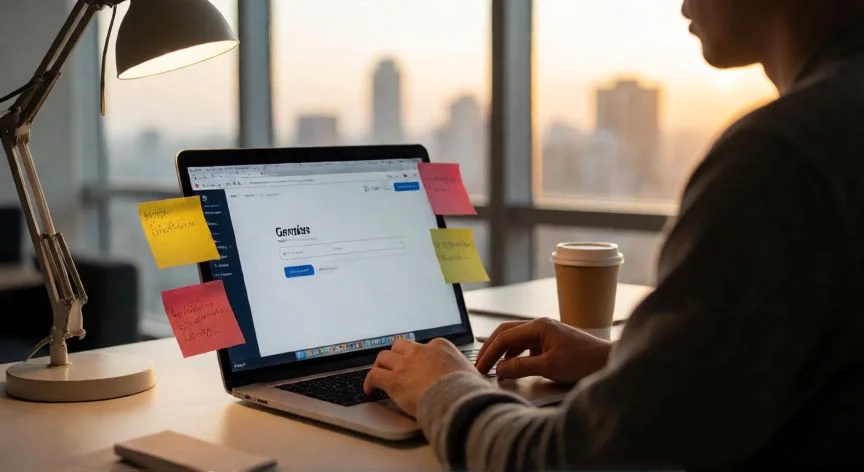 Persona usando un buscador web gratuito en su portátil en una oficina doméstica