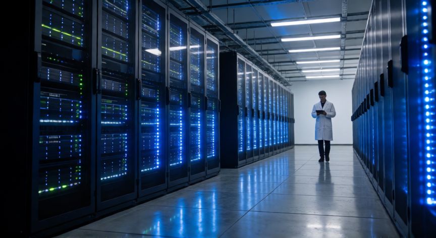 porque google es gratuito, Centro de datos de Google con filas de servidores procesando búsquedas en tiempo real