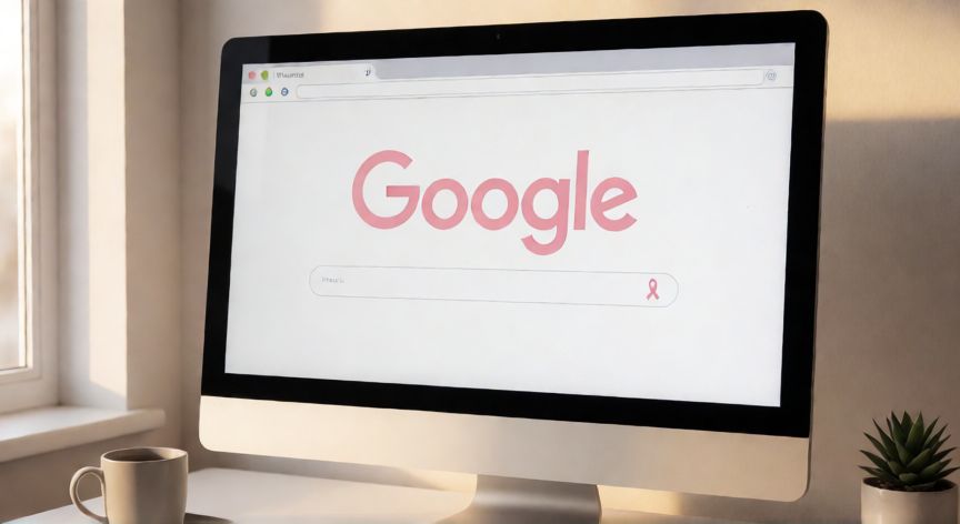 porque google es rosa, Logo de Google en rosa en la pantalla de un ordenador durante la campaña de Octubre Rosa