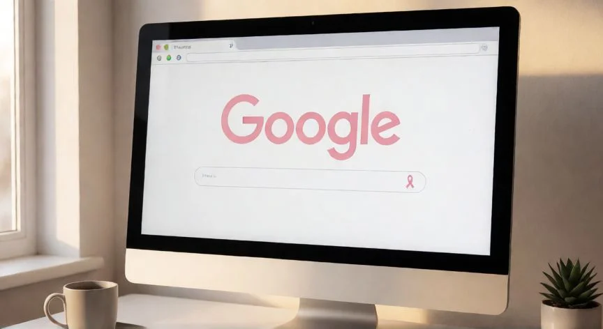 Logo de Google en rosa en la pantalla de un ordenador durante la campaña de Octubre Rosa