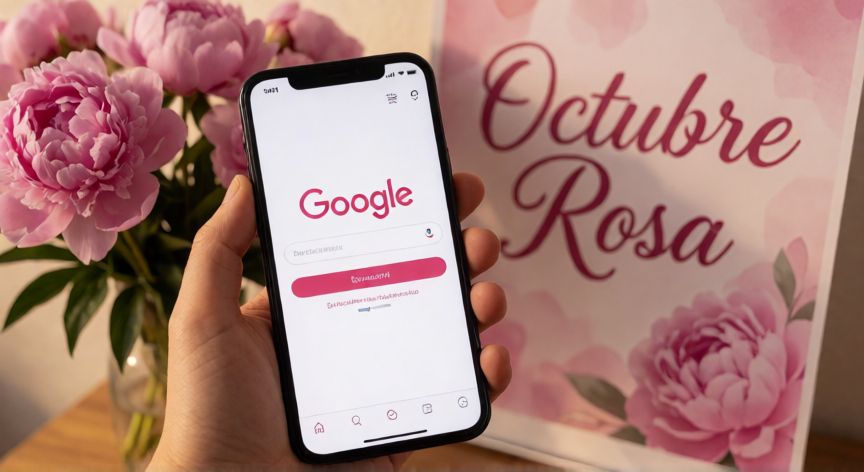porque google es rosa, Móvil mostrando el logo de Google en rosa con un lazo rosa y flores de fondo