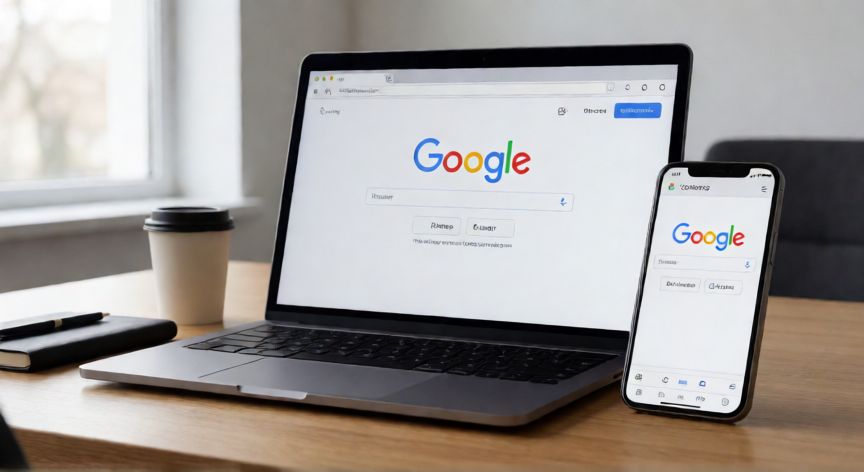 porque google esta en ingles, Ordenador y móvil mostrando la página de inicio de Google en inglés y español respectivamente
