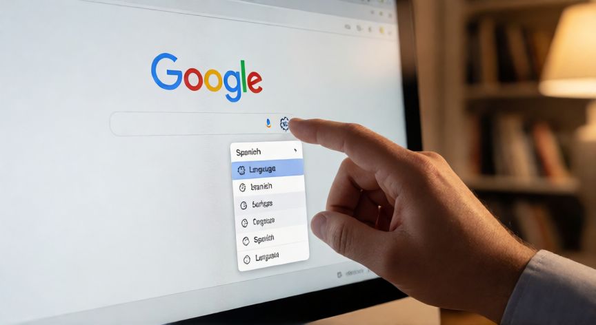 porque google esta en ingles, Pulgar seleccionando la opción de idioma español en el menú de configuración de Google