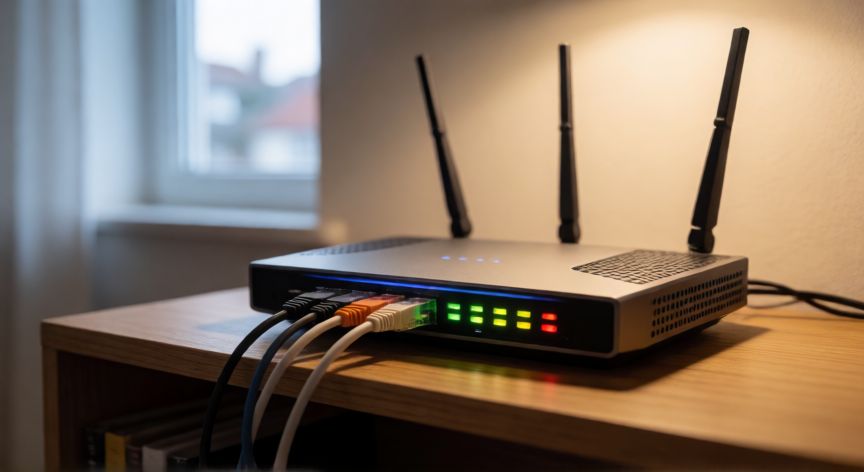 porque google esta lento, Router doméstico con luces LED indicando actividad de red