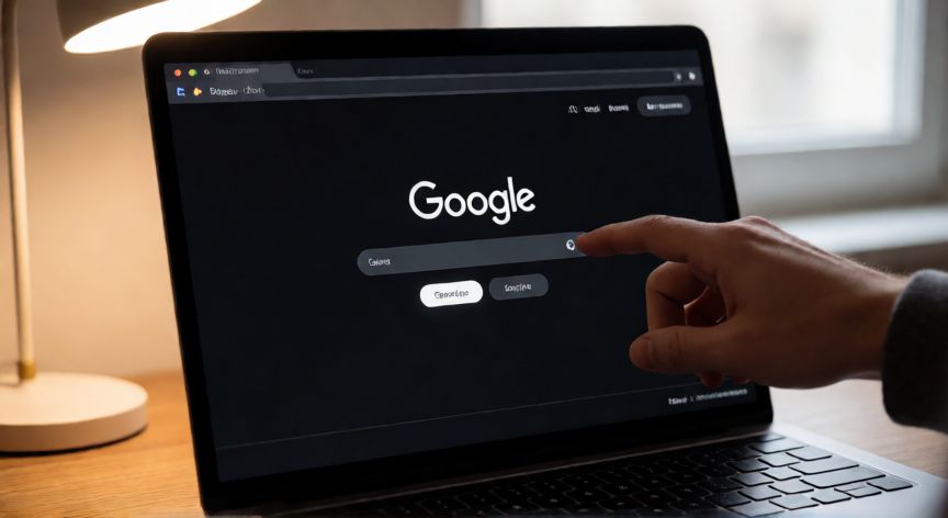 Pantalla de portátil mostrando la página de Google en modo oscuro con fondo negro y logo blanco