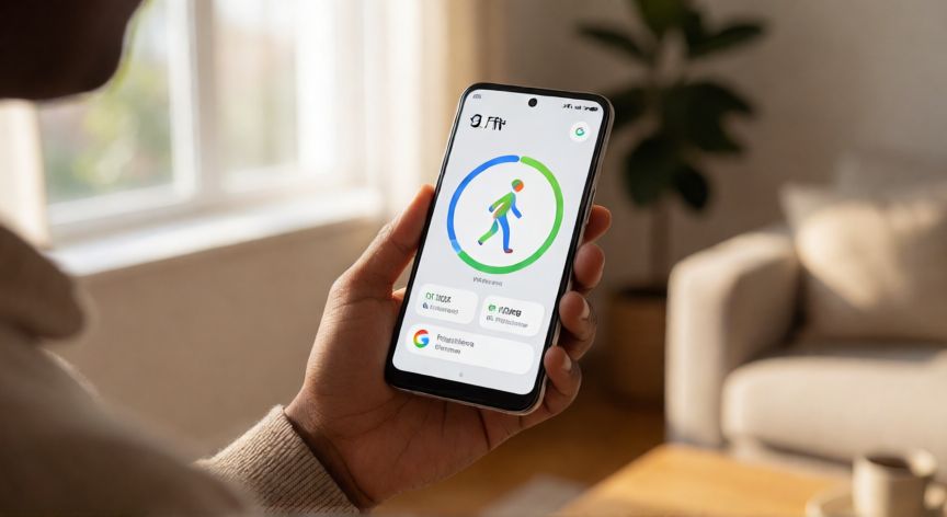porque google fit no me cuenta los pasos, Teléfono Android mostrando Google Fit con el contador de pasos en cero