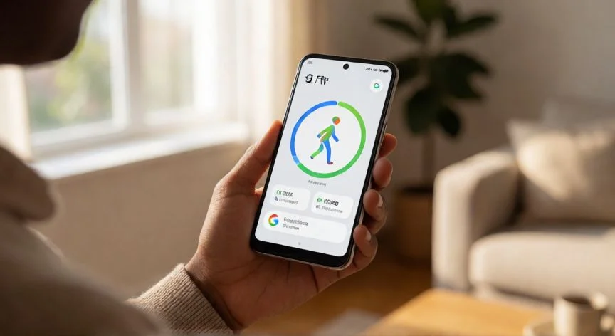 Teléfono Android mostrando Google Fit con el contador de pasos en cero