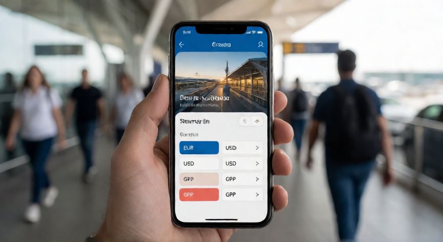 porque google flights me sale en dolares, Móvil mostrando la opción de cambiar moneda en una app de vuelos con fondo de aeropuerto