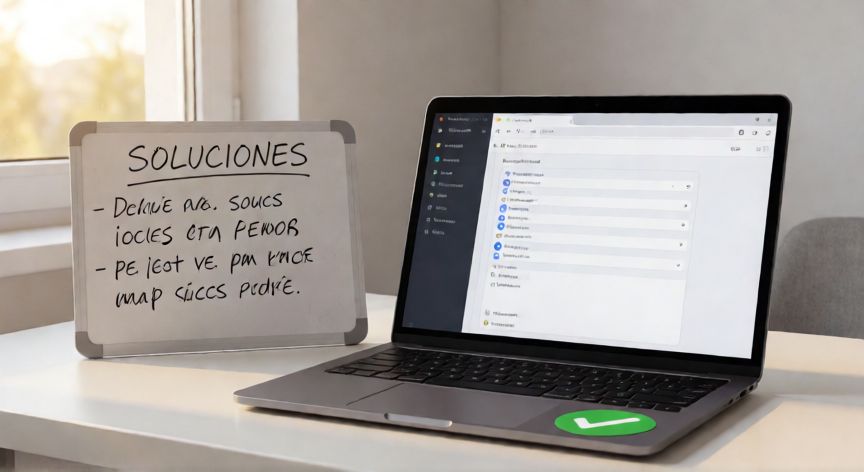 porque google flow no funciona, Espacio de trabajo limpio con portátil mostrando ajustes del navegador y pizarra de soluciones