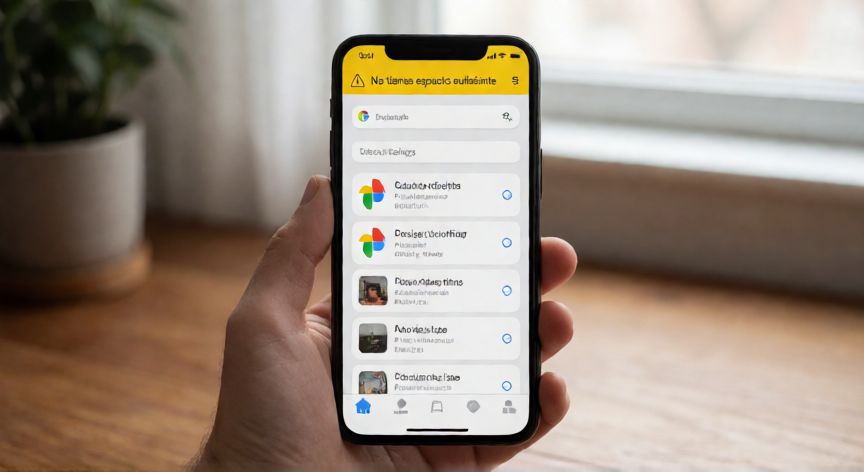 porque google fotos me dice que no tengo espacio, Teléfono mostrando aviso de falta de espacio en Google Fotos