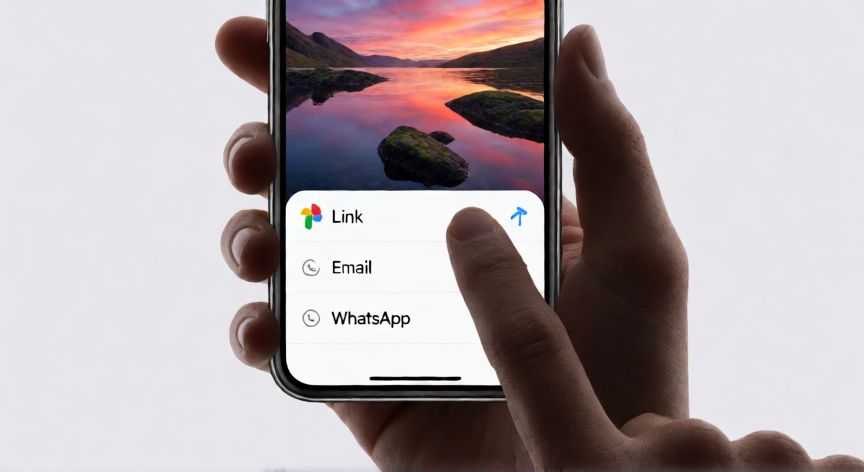 porque google fotos no me deja compartir fotos, Mano pulsando el icono de compartir en la app Google Fotos con el menú desplegado
