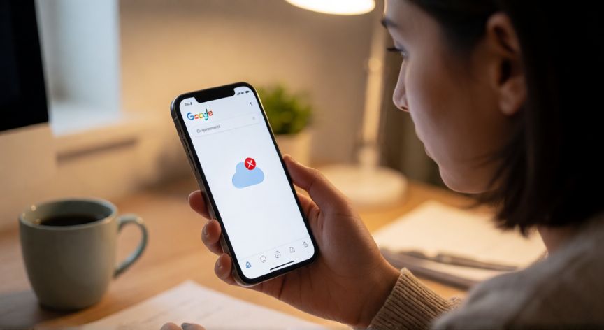 porque google fotos no me deja ver mis fotos, Mujer frustrada mirando la app de Google Fotos vacía en su móvil