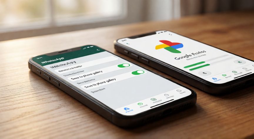 porque google fotos no me guarda las fotos de whatsapp, Teléfono mostrando la configuración de WhatsApp y Google Photos con la opción de guardado activada