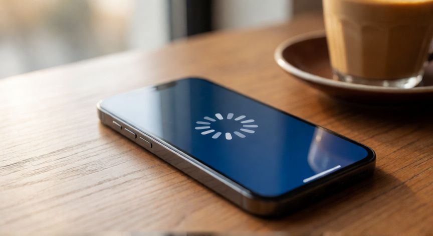porque google fotos no responde, Smartphone con la pantalla congelada mostrando el indicador de carga de Google Fotos sobre un escritorio de madera