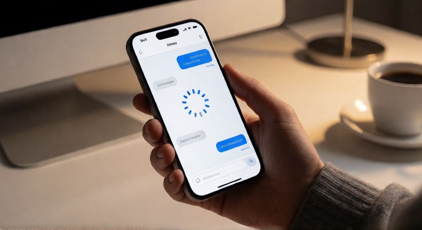 porque google gemini no funciona, Mano sosteniendo un teléfono con una pantalla de carga en la interfaz de un asistente de IA