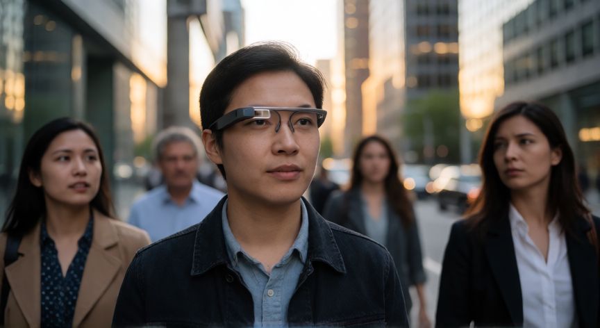 Persona usando Google Glass en la calle con miradas incómodas de los peatones