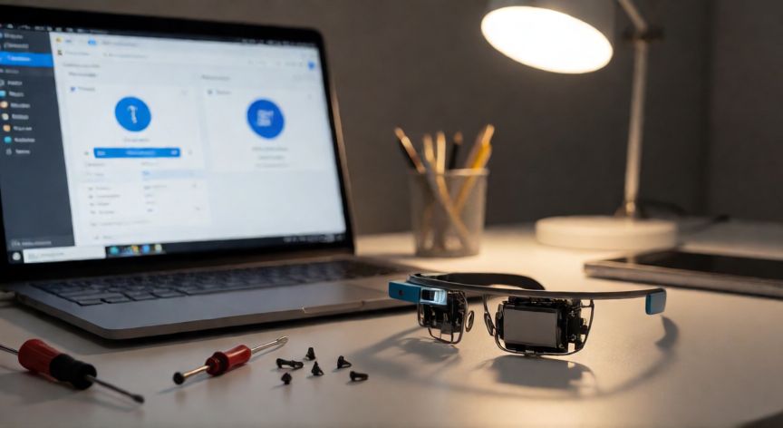 porque google glass fracaso, Google Glass desmontado sobre un escritorio de desarrollo mostrando componentes internos