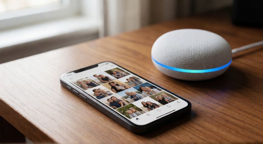 porque google guarda mis fotos, Teléfono con galería de fotos en la pantalla sobre una mesa de madera junto a un altavoz inteligente