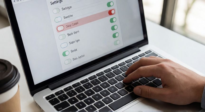 porque google guarda mis fotos, Manos de una persona desactivando la copia de seguridad en la configuración del ordenador