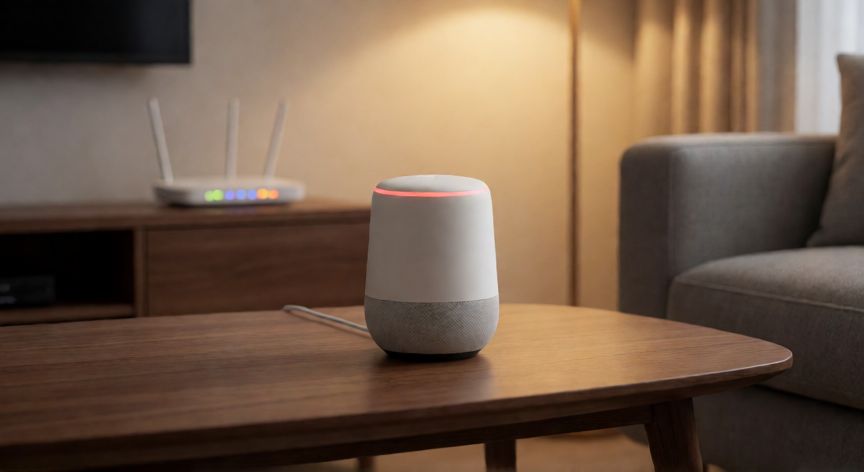 porque google home mini no se conecta a wifi, Google Home Mini con luz roja indicando fallo de conexión Wi-Fi sobre una mesa de centro