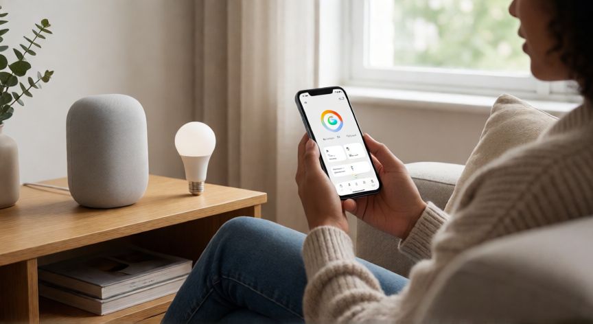 porque google home no encuentra dispositivo, Persona revisando la app de Google Home en el móvil mientras el altavoz y una bombilla inteligente no se conectan