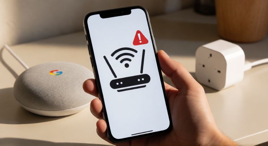 porque google home no encuentra dispositivo, Móvil mostrando error de red con un altavoz Google Home y un enchufe inteligente en segundo plano
