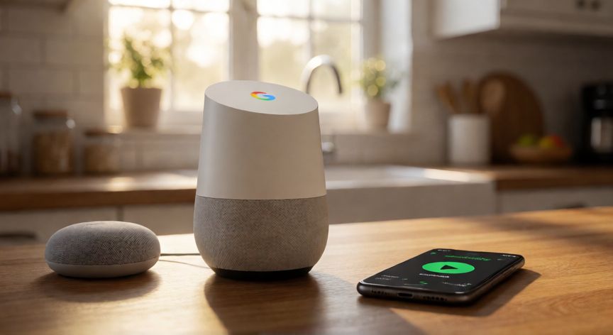 porque google home no reproduce spotify, Google Home junto a un teléfono con la app de Spotify abierta en una cocina