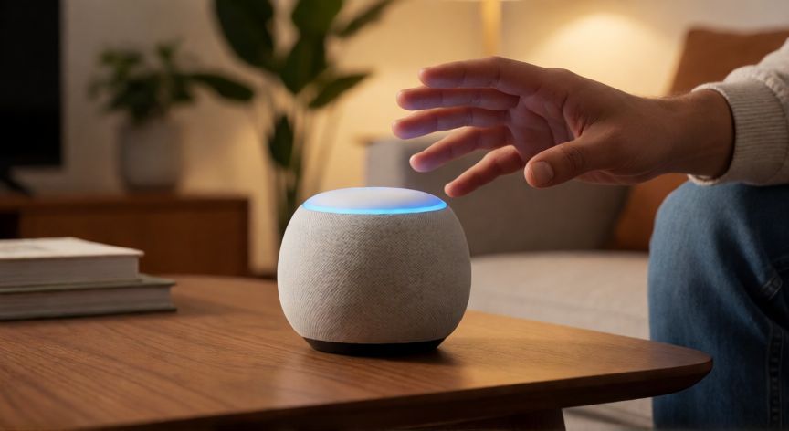 porque google home no responde, Google Home con anillo azul encendido sobre una mesa de centro en un salón moderno