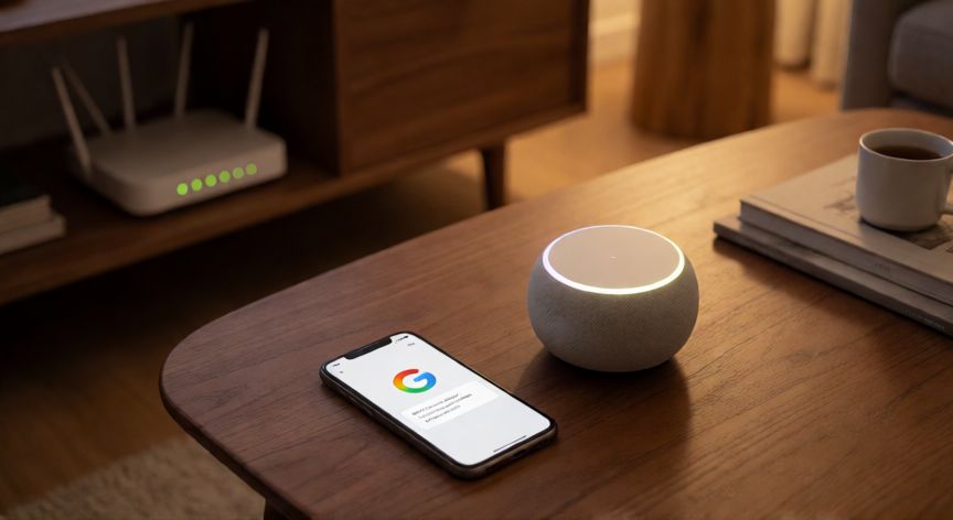 porque google home no se conecta a internet, Google Home con LED encendido en la mesa de un salón junto al router Wi-Fi