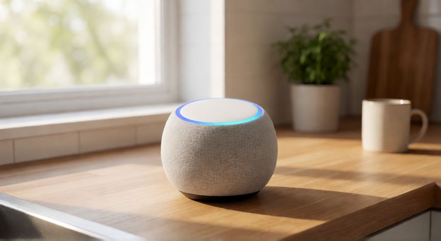 Google Home con la luz LED azul encendida indicando modo de escucha sobre una encimera de cocina