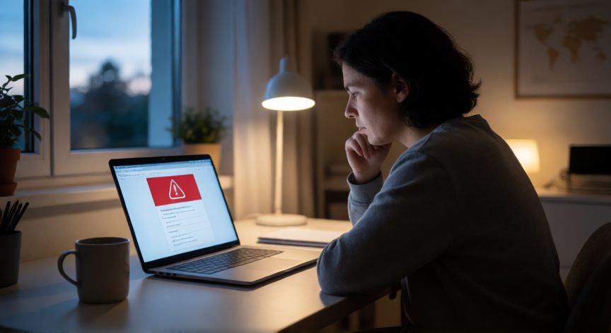 Persona preocupada mirando una pantalla con aviso de cuenta desactivada