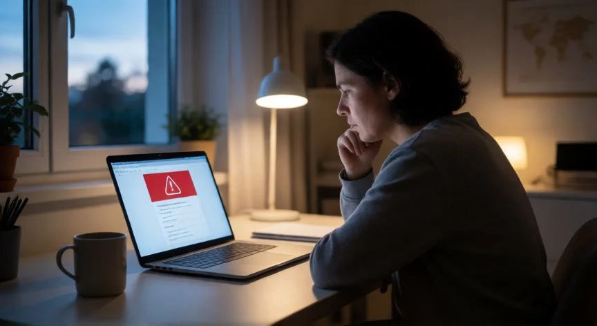 Persona preocupada mirando una pantalla con aviso de cuenta desactivada