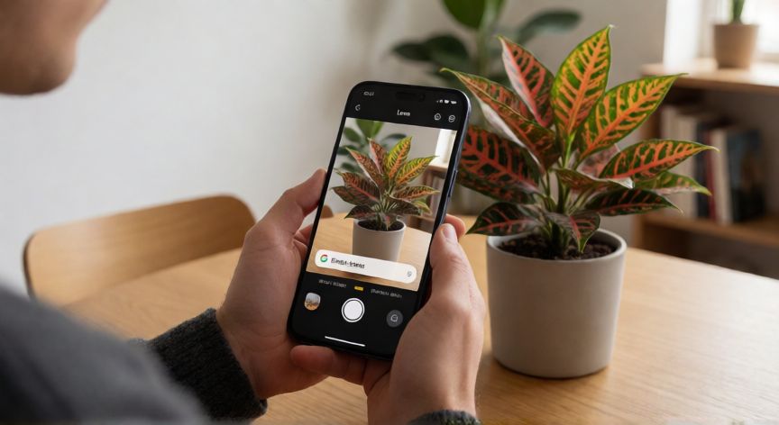 porque google lens no busca imagenes, Persona usando Google Lens para identificar una planta con el teléfono móvil
