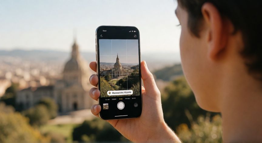 Persona usando Google Lens en su móvil para escanear un monumento sin que se identifique a nadie
