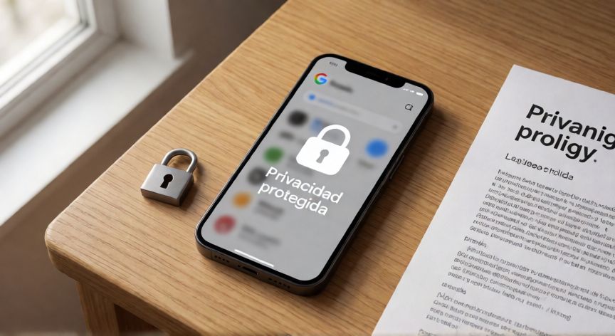 porque google lens no busca personas, Móvil con símbolo de candado y texto de privacidad junto a un documento sobre protección de datos biométricos