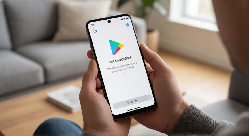 porque google lens no es compatible con mi celular, Pantalla de un móvil Android mostrando el mensaje de incompatibilidad al intentar instalar Google Lens desde la Play Store