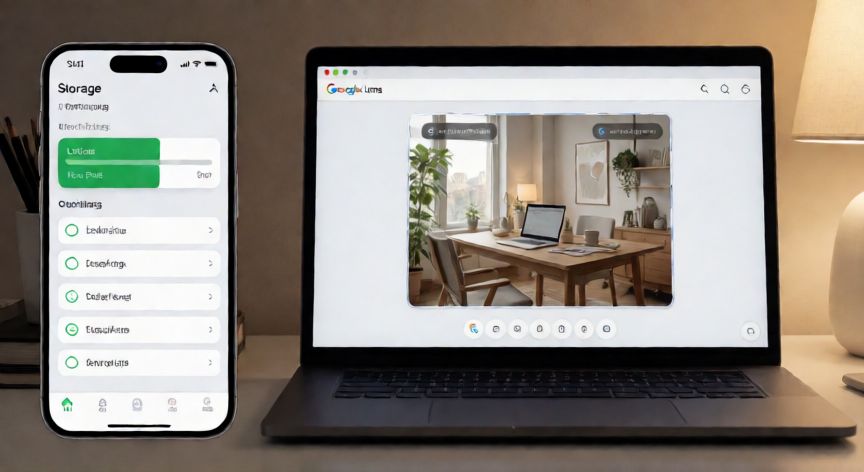 porque google lens no es compatible con mi celular, Vista de almacenamiento del móvil con poco espacio libre y la interfaz web de Google Lens en un portátil como alternativa