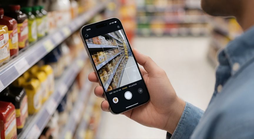 porque google lens no funciona, Persona usando Google Lens para escanear un producto en un supermercado