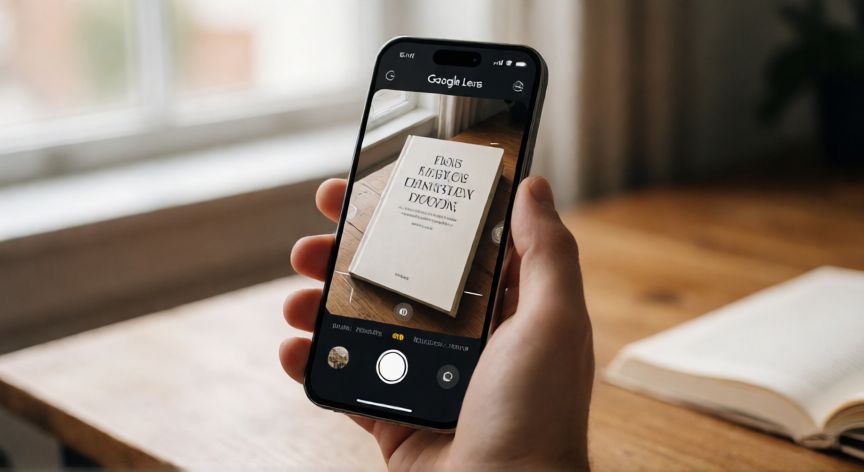 porque google lens no funciona en mi dispositivo, Persona usando Google Lens en un smartphone sobre una mesa de madera