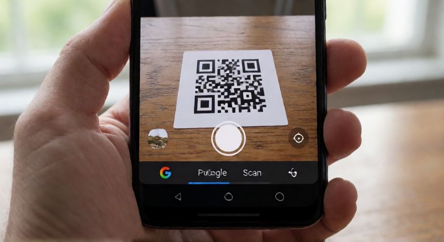porque google lens no lee qr, Móvil Android con la app de cámara en modo escáner QR apuntando a un código impreso