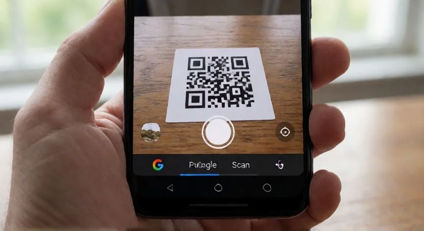 Móvil Android con la app de cámara en modo escáner QR apuntando a un código impreso