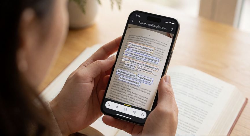 Persona usando Google Lens en un móvil apuntando a un libro con texto visible