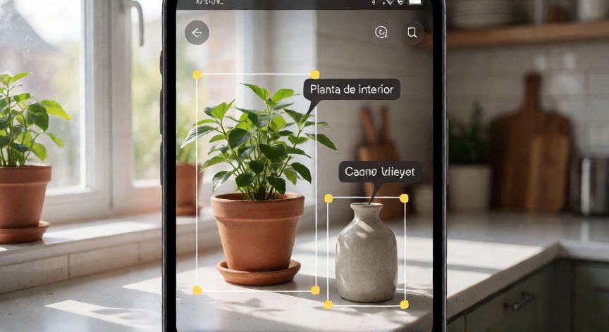 porque google lens solo busca palabras, Pantalla del móvil con Google Lens identificando una planta y un jarrón en la cocina