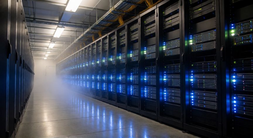 porque google lo sabe todo, Corredor de un centro de datos con filas de servidores encendidos, infraestructura que procesa las búsquedas de Google