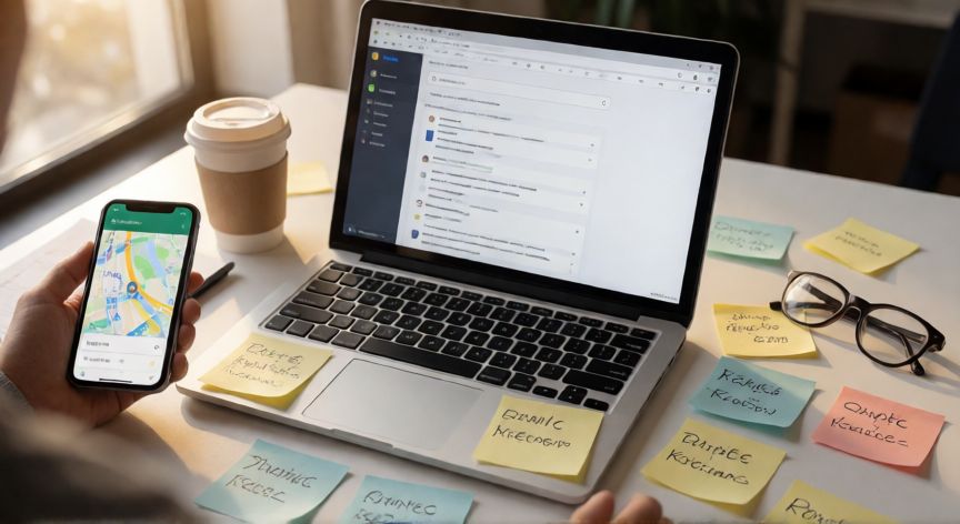 porque google lo sabe todo, Bureau de trabajo con portátil mostrando resultados de búsqueda y móvil con mapa, representando la interacción diaria con Google
