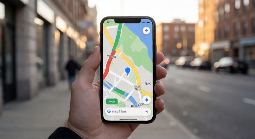 porque google maps no detecta mi ubicacion, Persona sosteniendo un teléfono con Google Maps mostrando el punto de ubicación parpadeante