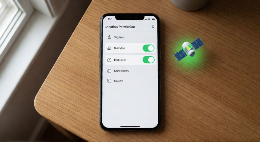 porque google maps no detecta mi ubicacion, Pantalla de ajustes de ubicación en un teléfono sobre una mesa de madera